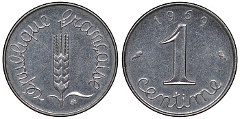 Франция 1 сантим 1969 пятая республика KM 928, Le Franc 106.18 нержавеющая сталь 4124-422