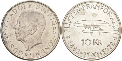 Швеция 10 крон 1972 U, 90 лет со дня рождения Густава VI Адольфа KM 847 серебро 4536-246