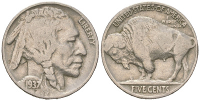 США 5 центов 1937 индеец, бизон KM 134 медно-никель 4614-1266