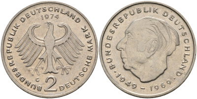 ФРГ 2 марки 1974 G, Теодор Хойс KM 127,  J. 407 медно-никель    4149-534