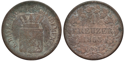 Бавария 1 крейцер 1863 Максимилиан II (1848-1864) KM 473 серебро 75-1666