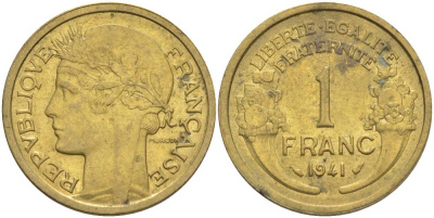 ФРАНЦИЯ 1 ФРАНК 1941 ТИП MORLON KM 885, LE FRANC 219.12 алюминиевая бронза 3853-234