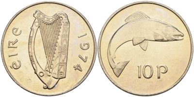 Ирландия 10 пенсов 1974 лосось KM 23 медно-никель BUNC 4583-341