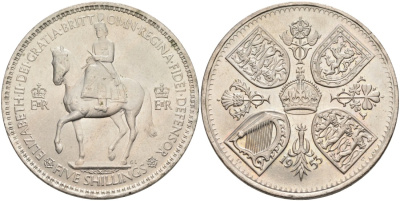 Великобритания 1 крона (5 шиллингов) 1953 коронация королевы Елизаветы, Елизавета II (1952-2022) Елизаветы KM 894, Spink 4136 медно-никель UNC 4558-433