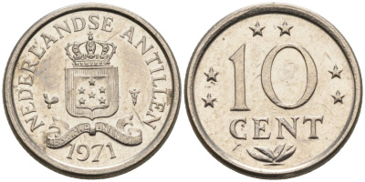 Нидерландские Антилы 10 центов 1971 Юлиана (1948-1980) KM 10 никель 4564-523