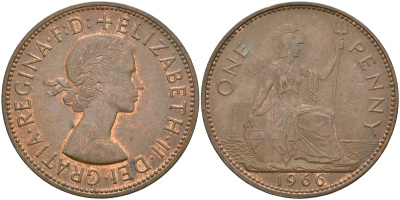 Великобритания 1 пенни 1966 Елизавета II (1952-2022) КМ 897, Spink 4157 бронза    4110-415