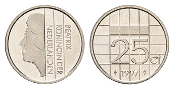 Нидерланды 25 центов 1997 Беатрикс (1980-2013) KM 204 никель UNC 192-1269