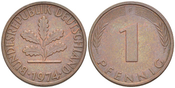 ФРГ 1 ПФЕННИГ 1974 F KM 105, J. 380 сталь плакированная медью 4181-611