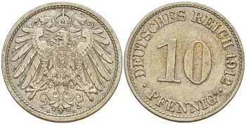 ГЕРМАНИЯ 10 ПФЕННИГОВ 1912 A KM 12, J. 13, Weege 8 медно-никель 212-212