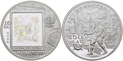 Польша 10 злотых 2008 MW, 450 лет польской марке, голограмма, первый почтальон KM 655 серебро PROOF 06-245-26