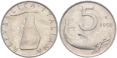 Италия 5 лир 1998 R, дельфин KM 92 алюминий  UNC  4594-747