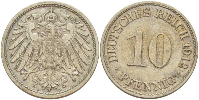 ГЕРМАНИЯ 10 ПФЕННИГОВ 1912 A KM 12, J. 13, Weege 8 медно-никель 212-212