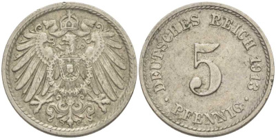 ГЕРМАНИЯ 5 ПФЕННИГОВ 1913 A KM 11, J. 12 медно-никель 66-464