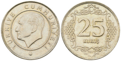 Турция 25 курушей 2012 KM 1242 медно-никель 4610-1112