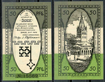 Германия, Зост 50 пфеннигов 1919 нотгельд, октябрь 1919 Tieste 6940/01 бумага UNC (пресс) 444-70-2-1