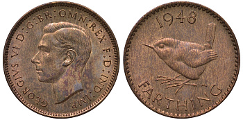 Великобритания 1 фартинг 1948 Георг VI (1936-1952) KM 843, Spink 4116 бронза 4122-714