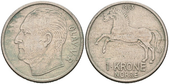 Норвегия 1 крона 1963 лошадь, Улаф V KM 409 медно-никель 4571-416