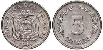 Эквадор 5 сентаво 1946 KM 75b медно-никель UNC 4606-312