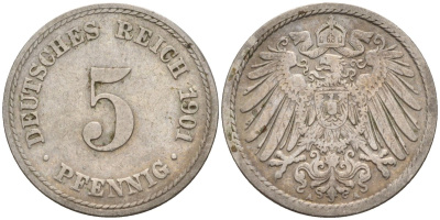 Германия 5 пфеннигов 1901 J KM 11, J. 12 медно-никель 4151-429