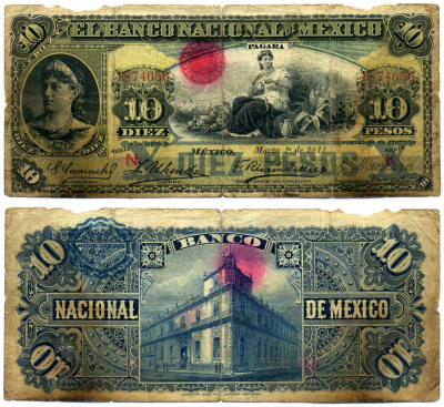 Мексика 10 песо 1911 1 марта 1911, Banco Nacional de Mexico, ABNC Pick S 258e бумага 451-477-1