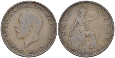 Великобритания 1/2 пенни 1934 Георг V (1910-1936) KM 837, Spink 4058 бронза 4514-1126