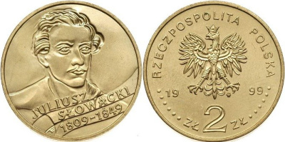 Польша 2 злотых 1999 MW, 150 лет со дня смерти Юлиуша Словацкого (1809-1849) KM 356 нордик  UNC  4521-323