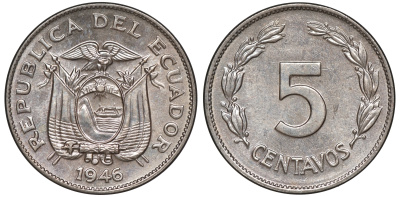 Эквадор 5 сентаво 1946 KM 75b медно-никель UNC 4606-312