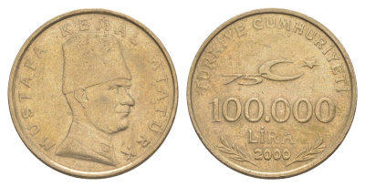 Турция 100000 лир 2000 75 лет республике, Мустафа Кемаль Ататюрк KM 1078 медь цинк никель 4648-1223