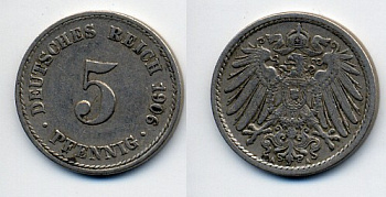 ГЕРМАНИЯ 5 ПФЕННИГОВ 1906 A, KM 11, J. 12 медно-никель 76-219