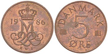 ДАНИЯ 5 ЭРЕ 1986 R; B, МАРГРЕТЕ II (1972-) KM 859.3 железо плакированное медью 4392-869