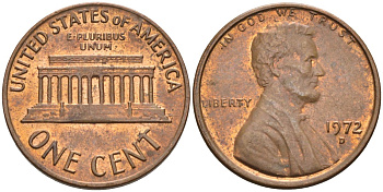 США 1 цент 1972 D, Линкольн KM 201 медь цинк 4115-916
