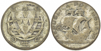 ПОРТУГАЛИЯ 2,5 ЭСКУДО 1945 ПАРУСНИК KM 580 серебро 3955-533