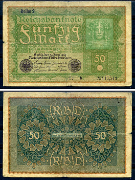 Германия 50 марок 1919 24 июня 1919, reihe I, серия BJ, выпуск с декабря 1919 года Pick 66 (2), Rosenberg 62b бумага 8619-28-2-2