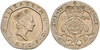 Великобритания 20 пенсов 1996 Елизавета II (1952-2022) KM 939, Spink 4361 (G2) медно-никель 4573-1117