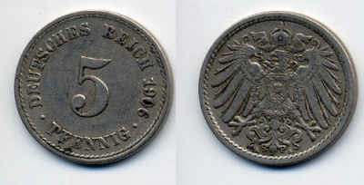 ГЕРМАНИЯ 5 ПФЕННИГОВ 1906 A, KM 11, J. 12 медно-никель 76-219