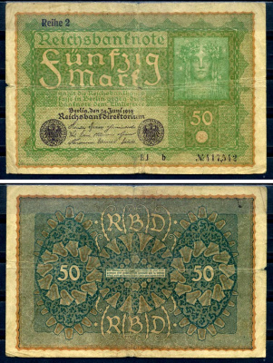 Германия 50 марок 1919 24 июня 1919, reihe I, серия BJ, выпуск с декабря 1919 года Pick 66 (2), Rosenberg 62b бумага 8619-28-2-2