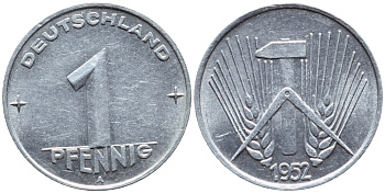 ГДР 1 ПФЕННИГ 1952 A КМ 5 алюминий 261-641