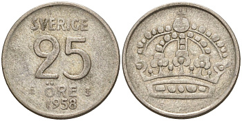 Швеция 25 эре 1958 TS, Густав VI Адольф (1950-1973) KM 824 серебро 4147-1061