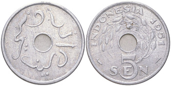Индонезия 5 сенов 1951 KM 5 алюминий 4614-343