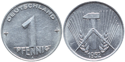 ГДР 1 ПФЕННИГ 1952 A КМ 5 алюминий 261-641