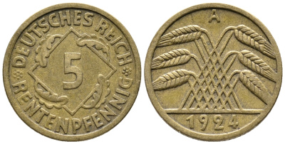 ГЕРМАНИЯ 5 РЕНТЕНПФЕННИГОВ 1924 A KM 32, J. 308 алюминиевая бронза 39-446