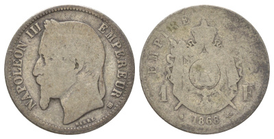 Франция 1 франк 1868 BB, Наполеон III (1852-1870) KM 806 серебро 4622-1052