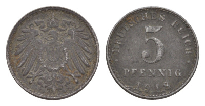Германия 5 пфеннигов 1918 KM 19, J. 297 железо плакированная цинком 4659-125
