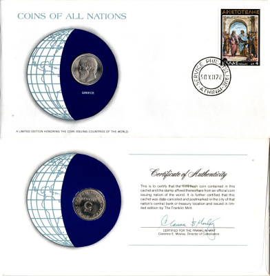 Греция 5 драхм 1976 конверт с маркой первого дня гашения, Coins of Nations KM 118 медно-никель UNC 4295-15-2