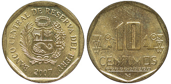 Перу 10 сентимо 2007 KM 305.4 латунь aUNC 4605-536