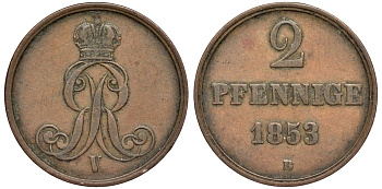 Брауншвейг-Каленберг-Ганновер 2 пфеннига 1853 B, Георг V (1851-1866) KM 217,aKS 152, J. 84 медь 4142-217