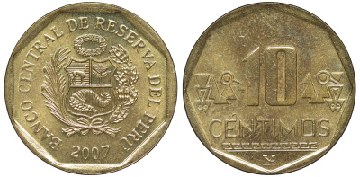 Перу 10 сентимо 2007 KM 305.4 латунь aUNC 4605-536