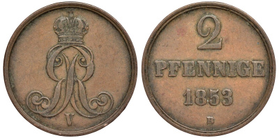 Брауншвейг-Каленберг-Ганновер 2 пфеннига 1853 B, Георг V (1851-1866) KM 217,aKS 152, J. 84 медь 4142-217