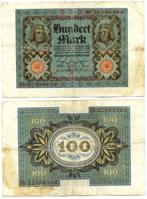 Германия 100 марок 1920 Бамбергский всадник, 8 цифр в номере Pick 69 b, Розенберг 69b бумага 3295-117-2-1