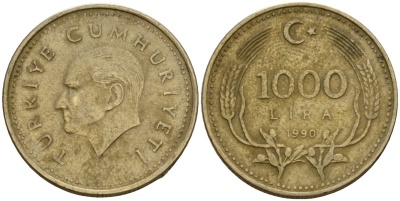 Турция 1000 лир 1990 Кемаль Ататюрк KM 997 медь цинк никель 4601-654